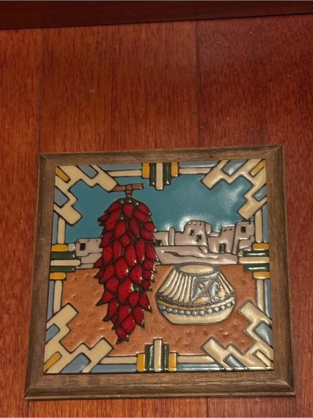 Fiesta Red Chili Ristra Ceramic Wall Tile with Turquoise Sky